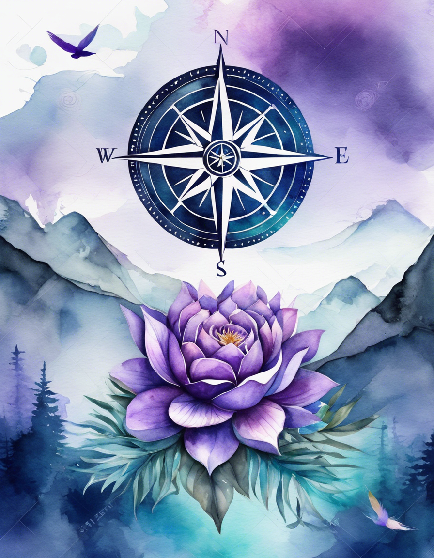 Watercolor Floral Compass with Purple Peony Digital Print