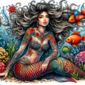 Ink & Tide — Tattooed Mermaid Coral Reef AI Art Print – Digital Download