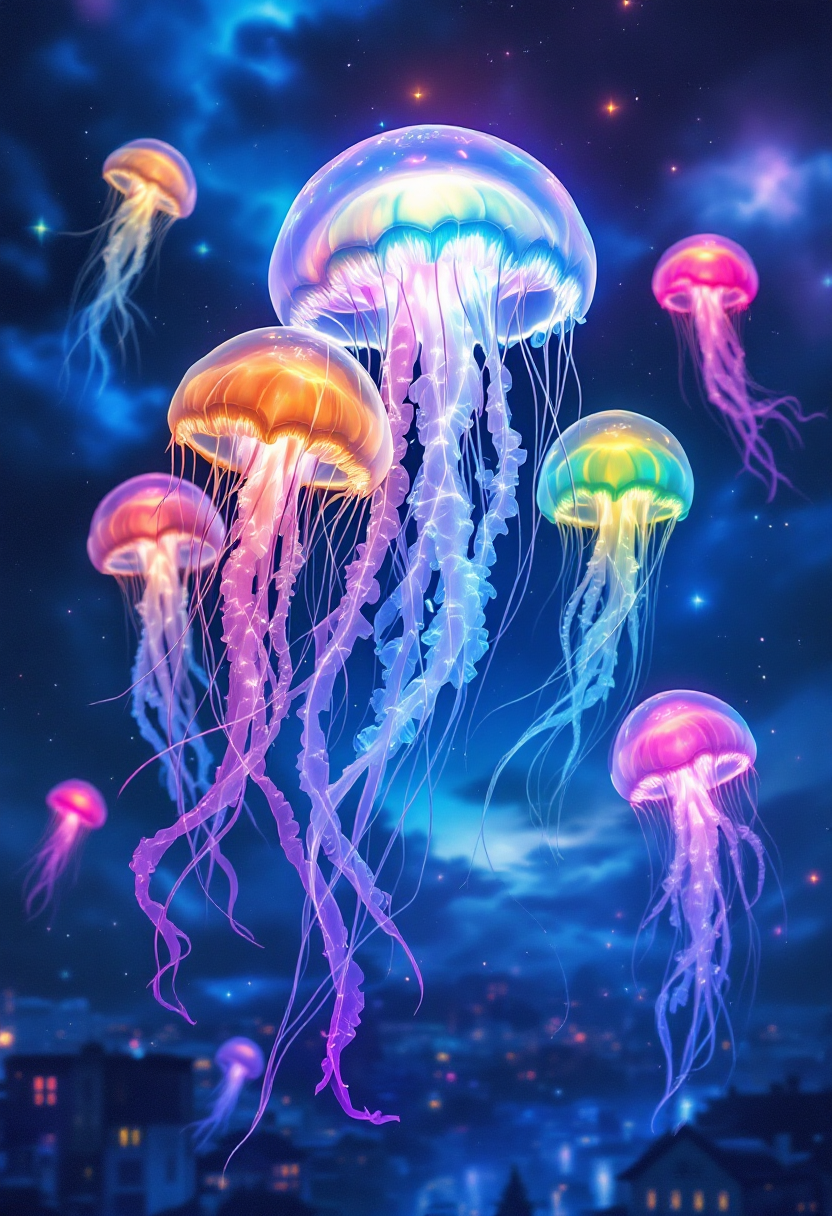 City of Jellyfish — Neon Sky Bloom AI Art Print – Digital Download