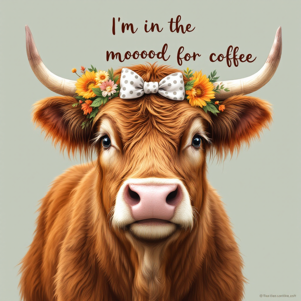 I'm in the Mooood for Coffee — Highland Cow AI Art Print – Digital Download