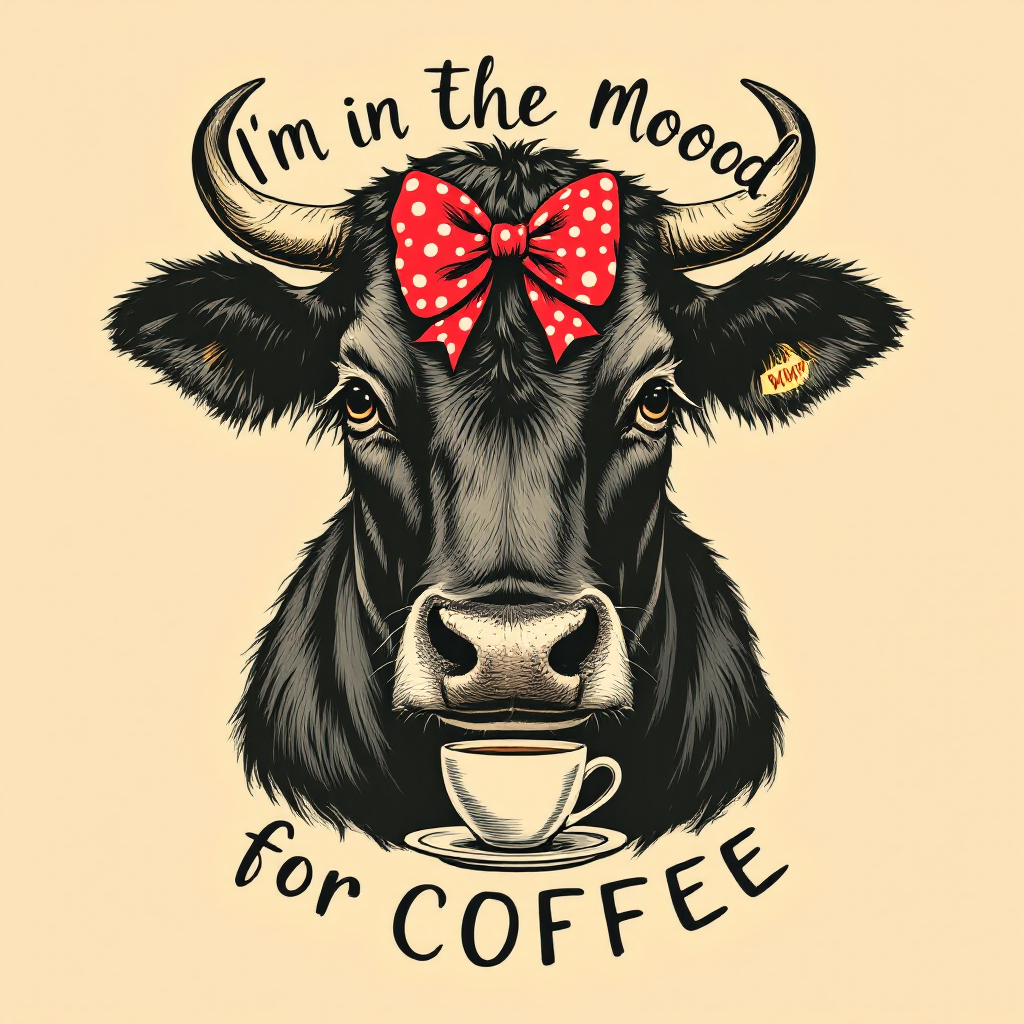 I'm in the Moood for Coffee — Bold Black Cow AI Art Print – Digital Download