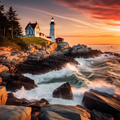 Lighthouse at Sunset Rocky Coast Digital Print
