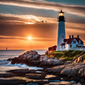 Coastal Lighthouse Golden Sunset Seabirds Digital Print