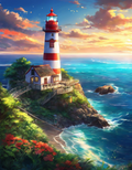 Anime Style Red Striped Lighthouse Coastal Cliffs Digital Print