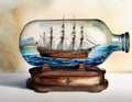 Ship in a Bottle on Wooden Display Stand Watercolor Digital Print
