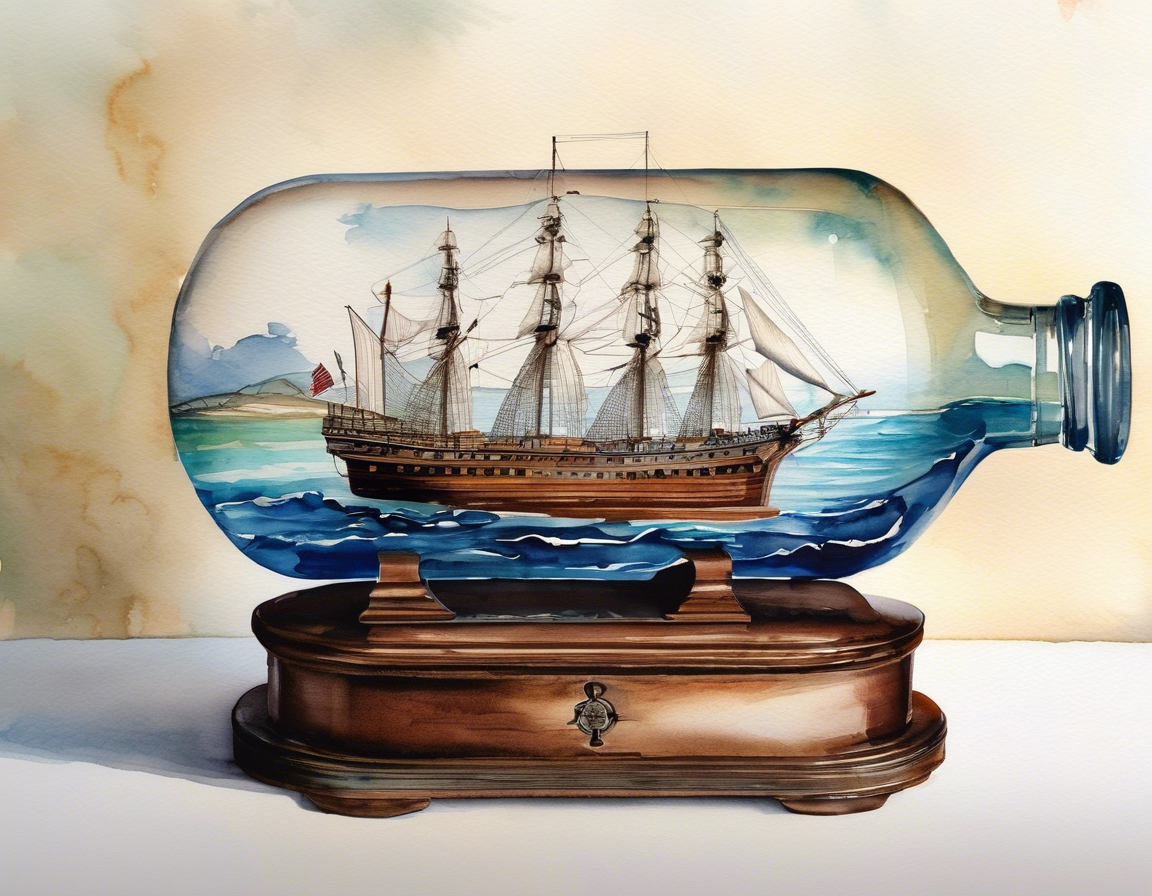 Ship in a Bottle on Wooden Display Stand Watercolor Digital Print