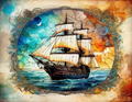 Tall Ship at Sunset Stained Glass Style Digital Print