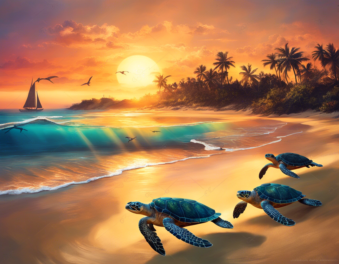 Baby turtles heading home to Sea - Mom and Newly hatched Turtles Heading for the Ocean