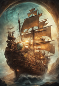 Steampunk Galleon Moonlit Portal Crashing Waves Digital Print