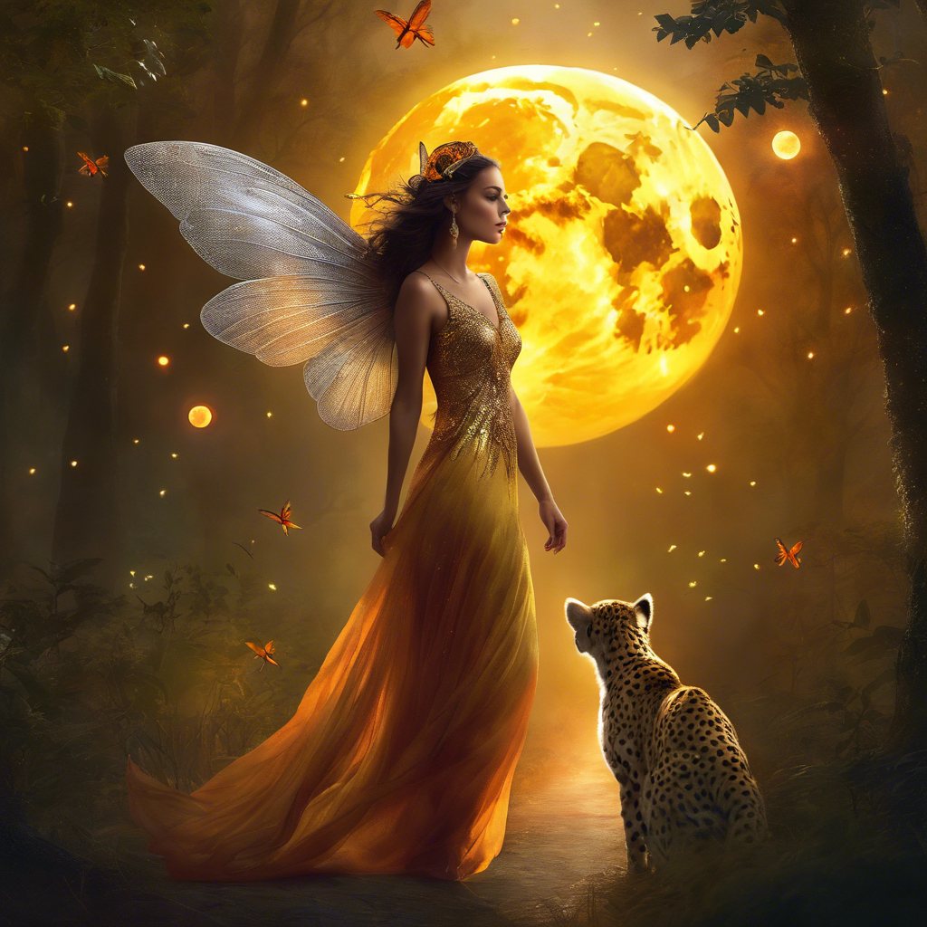 Fairy Queen & Baby Cheetah — Golden Moon Art Print
