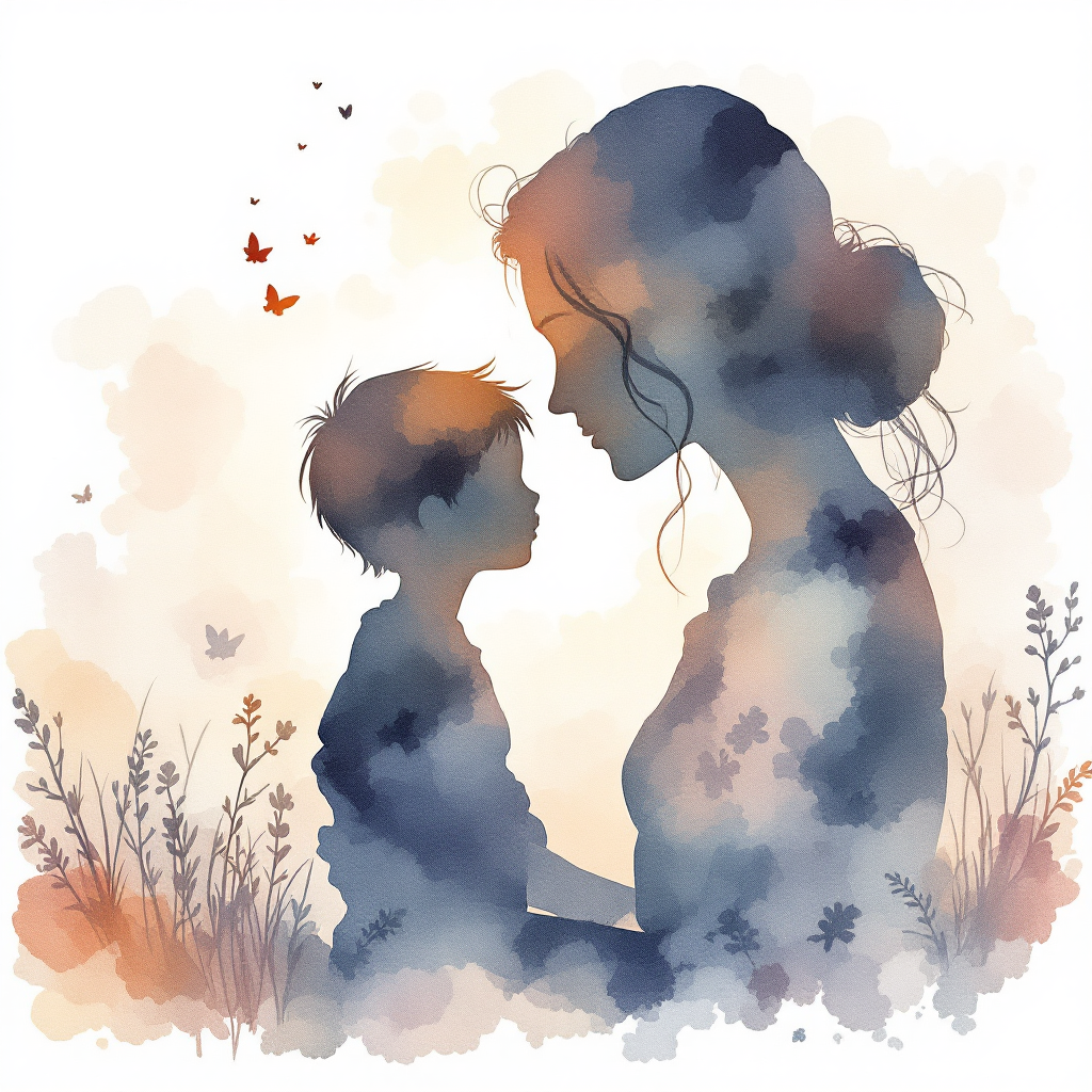 Mother and Child - In a Field - Watercolor