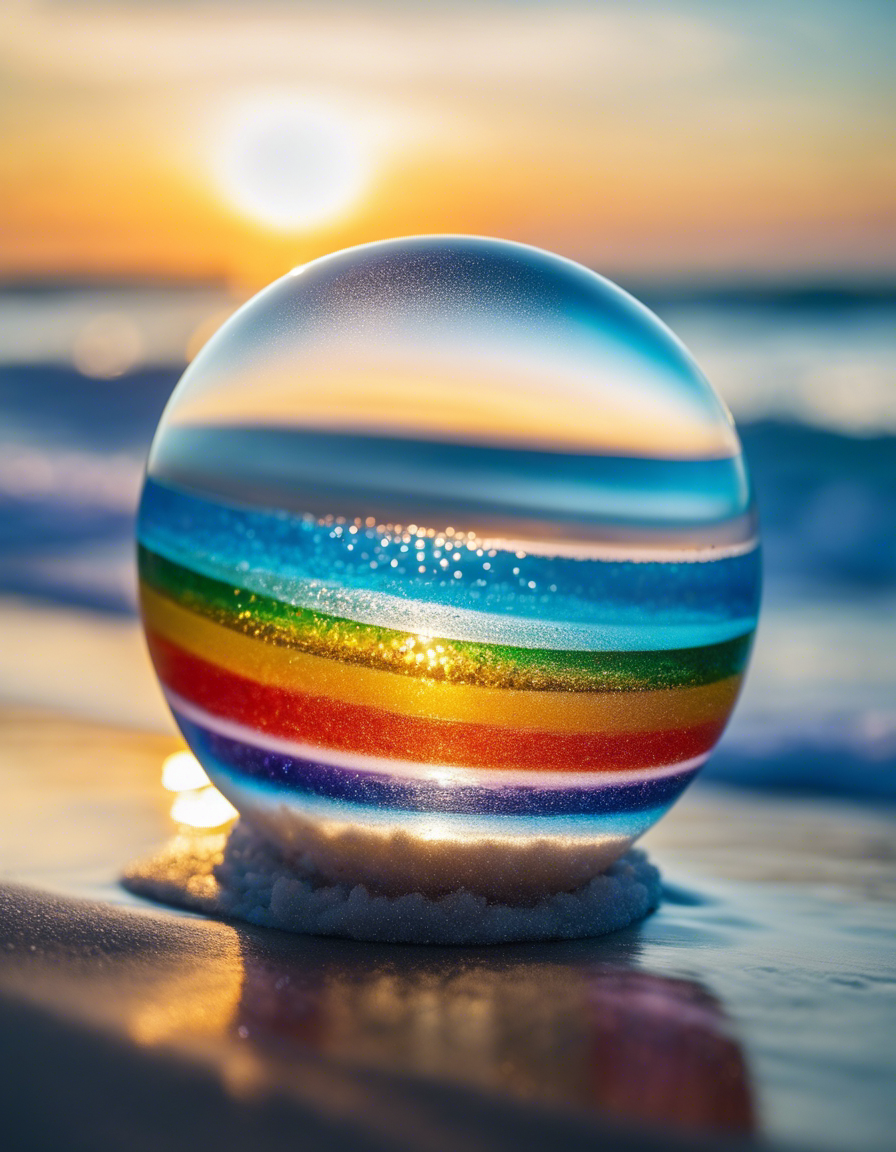Rainbow Glass Orb Beach Sunset AI Art Print – Digital Download