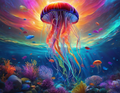 Rising Through the Light — Rainbow Jellyfish Sunset AI Art Print – Digital Download