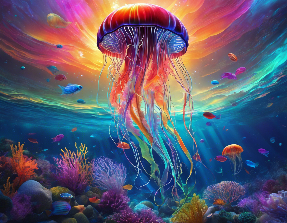 Rising Through the Light — Rainbow Jellyfish Sunset AI Art Print – Digital Download