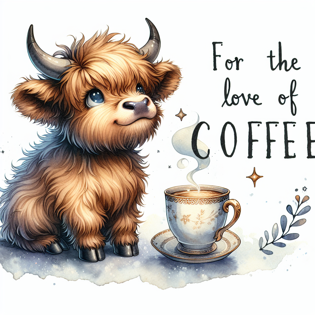 For the Love of Coffee — Baby Highland Cow AI Art Print – Digital Download