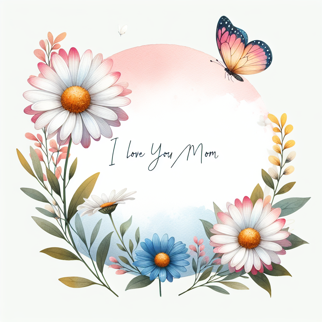 I Love You Mom – Daisy & Butterfly Floral Wreath Digital Art Print