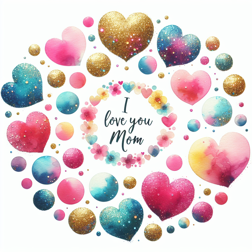 I Love You Mom – Glitter Hearts & Floral Digital Art Print