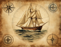 Vintage Tall Ship & Compass Rose Nautical Map Digital Print