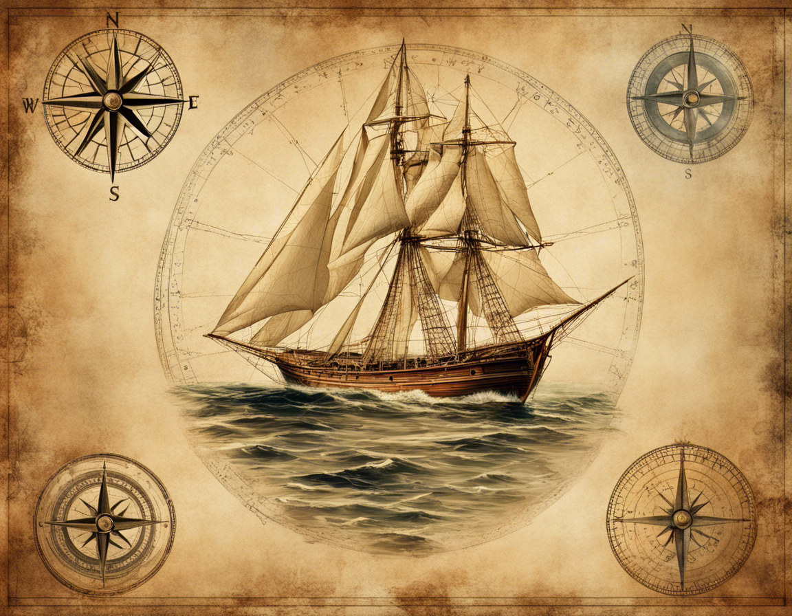 Vintage Tall Ship & Compass Rose Nautical Map Digital Print