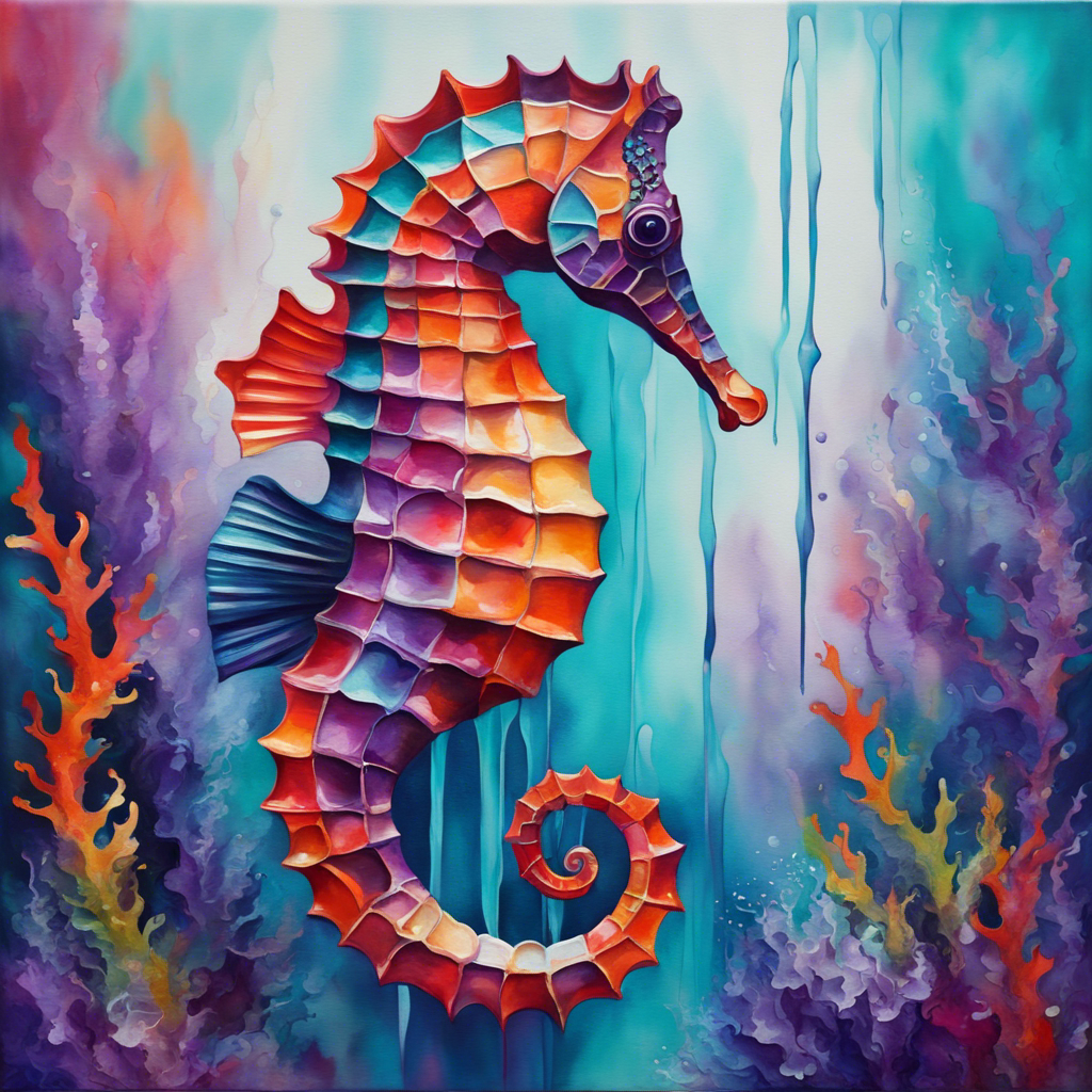 Mosaic Tide — Patchwork Seahorse Watercolor AI Art Print – Digital Download