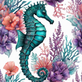 Garden of the Sea — Teal Seahorse Floral AI Art Print – Digital Download