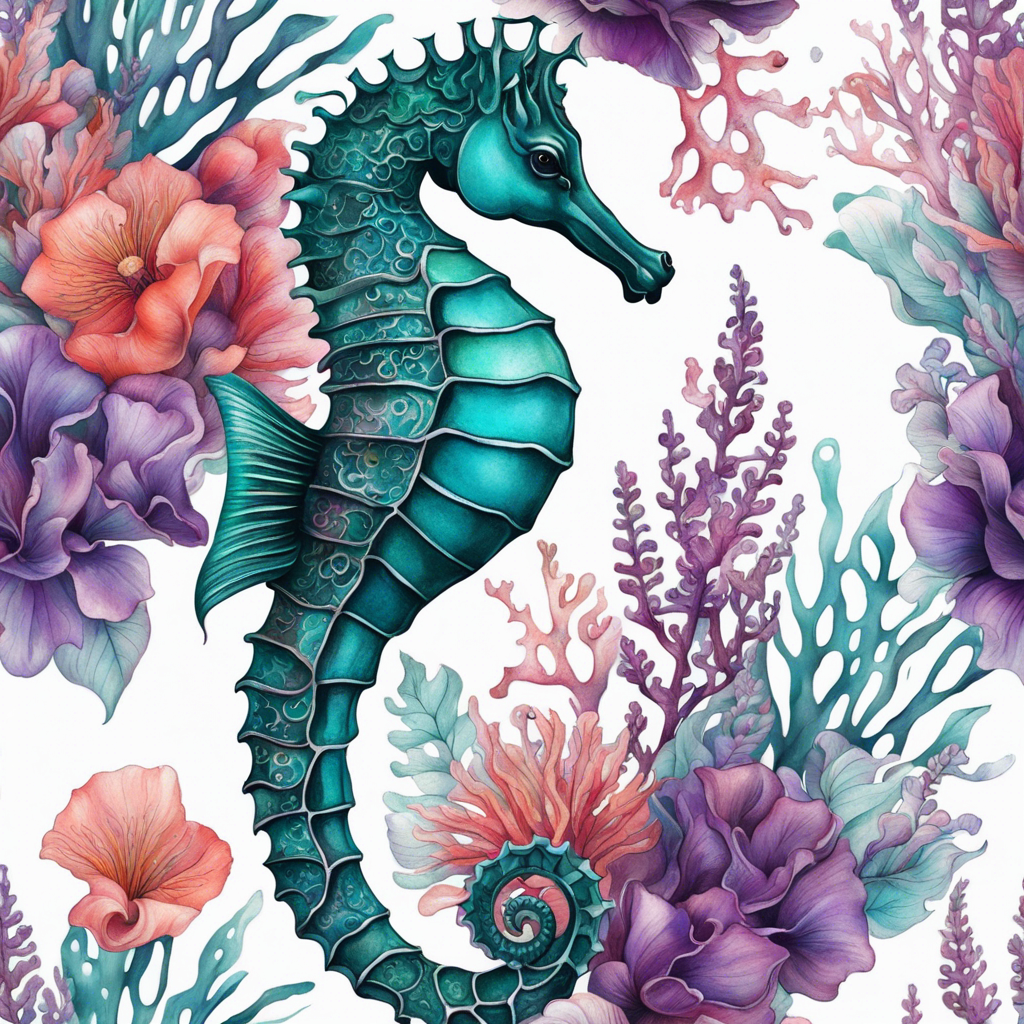 Garden of the Sea — Teal Seahorse Floral AI Art Print – Digital Download