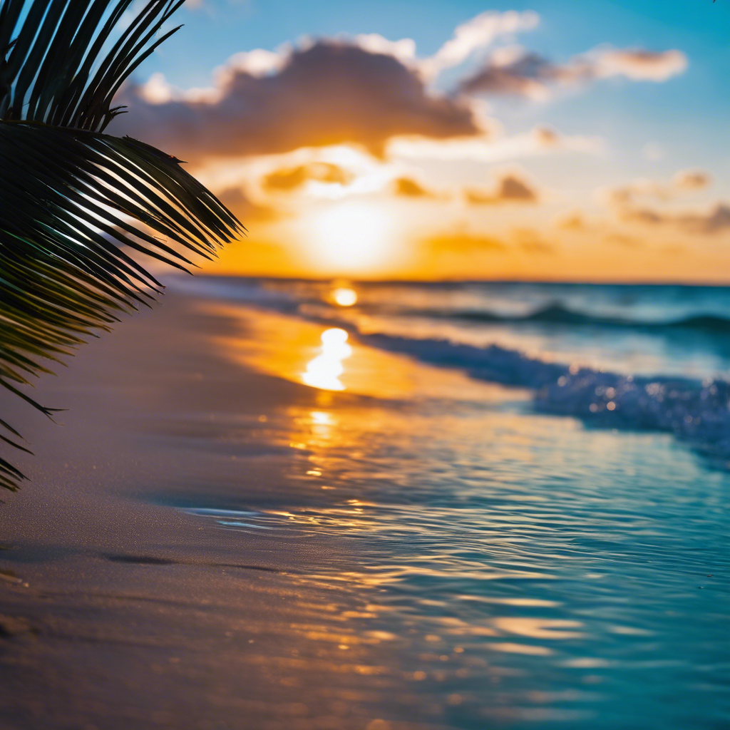 Sunset over the ocean with the tides coming in, the sun isa palm tree in the background.  The sunset is low in the sky with the clouds right above the sea.