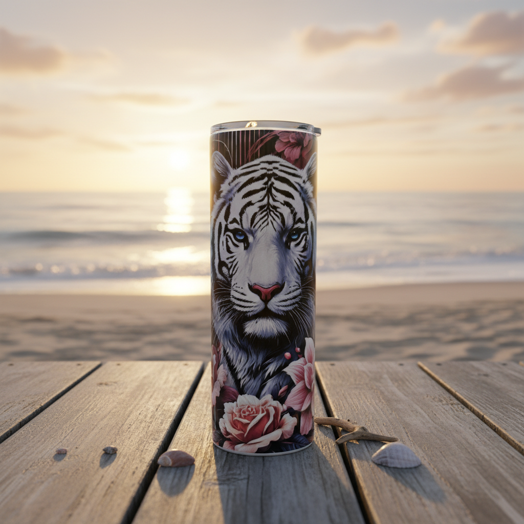 White Tiger Floral 20oz Tumbler — Handmade One of a Kind