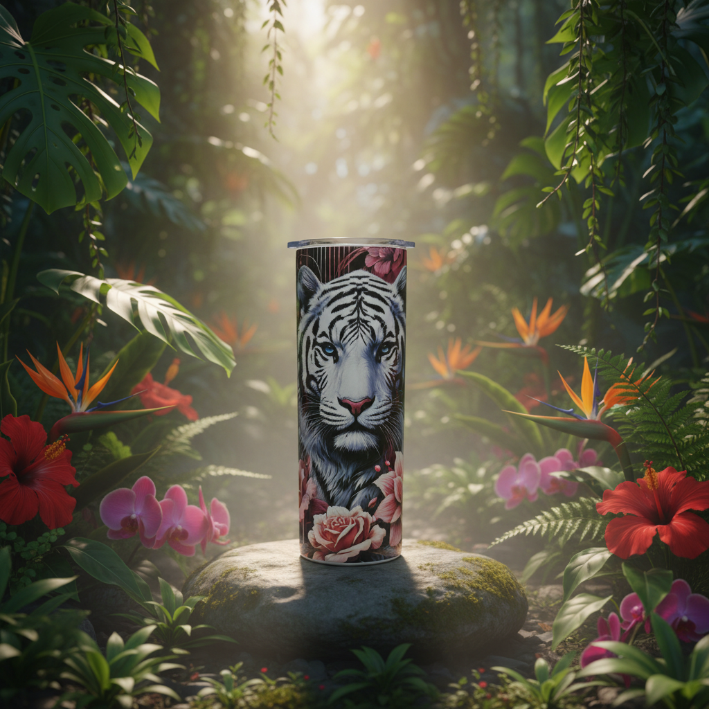 White Tiger Floral 20oz Tumbler — Handmade One of a Kind