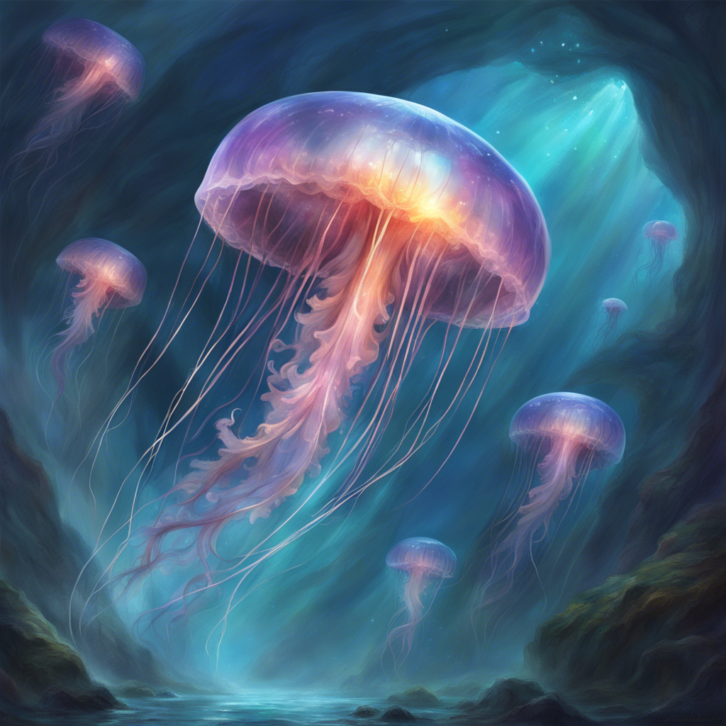 Cave of Light — Fantasy Jellyfish Underwater Grotto AI Art Print – Digital Download
