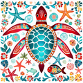 Folk Art Sea Turtle Ocean Collage Digital Print
