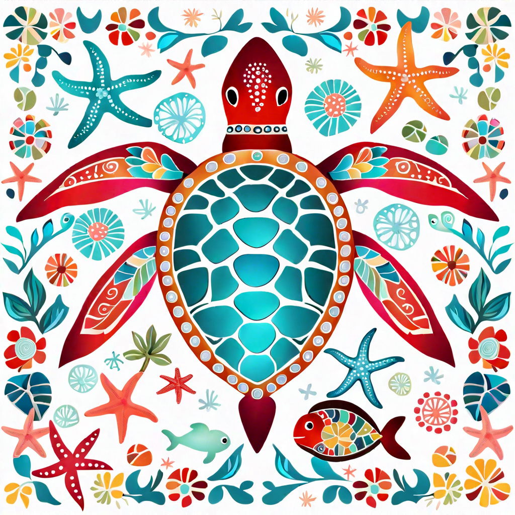 Folk Art Sea Turtle Ocean Collage Digital Print