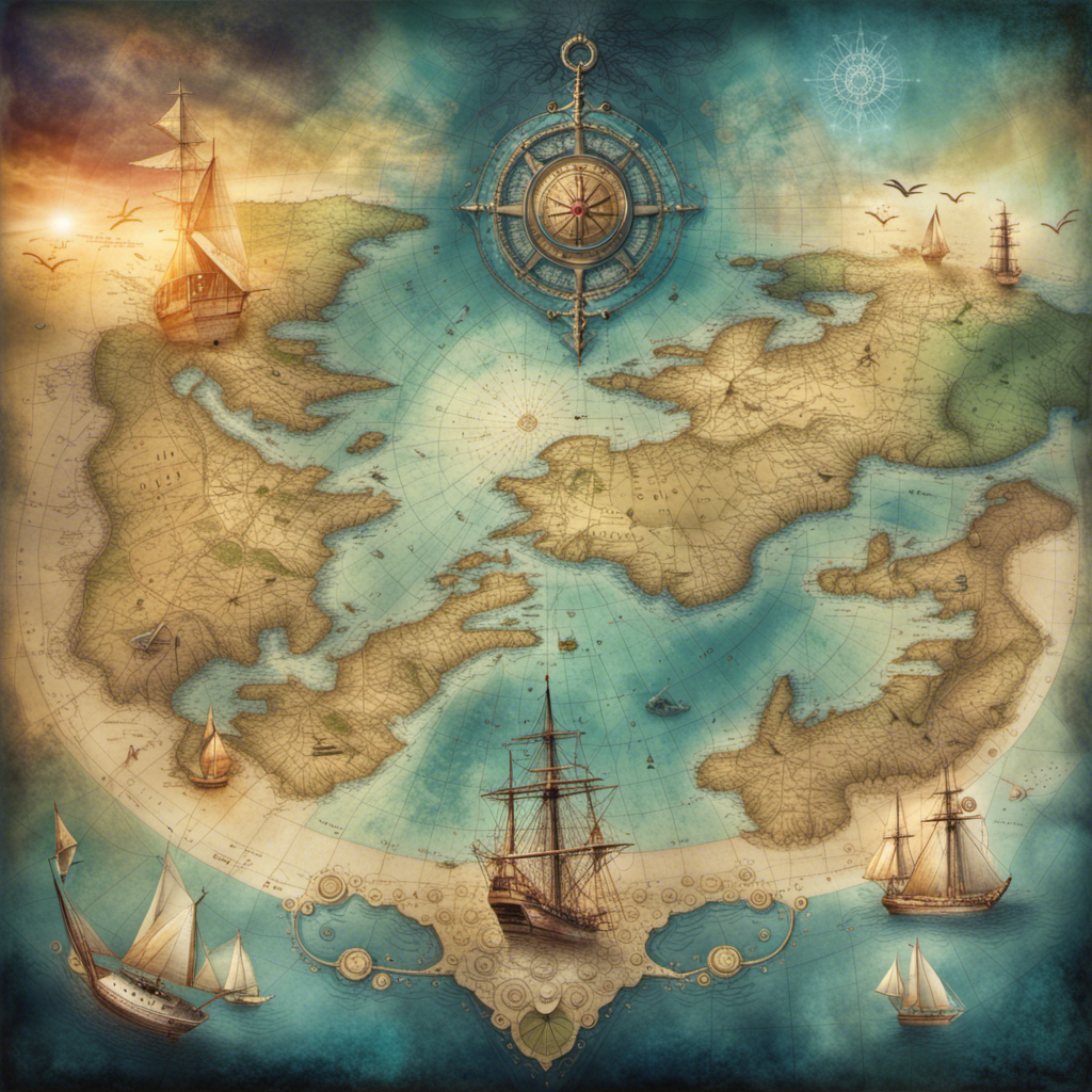 Fantasy Nautical World Map Tall Ships Compass Rose Digital Print