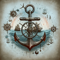 Anchor & Ship's Wheel Nautical Chart Digital Print