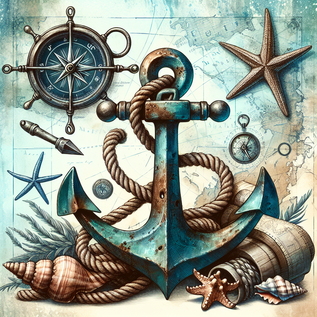 Rustic Teal Anchor Nautical Collage Digital Print