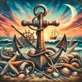 Nautical Anchor at Sunset with Shells & Starfish Digital Print