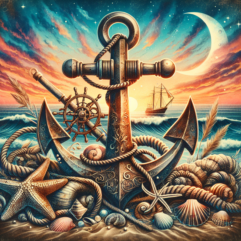 Nautical Anchor at Sunset with Shells & Starfish Digital Print