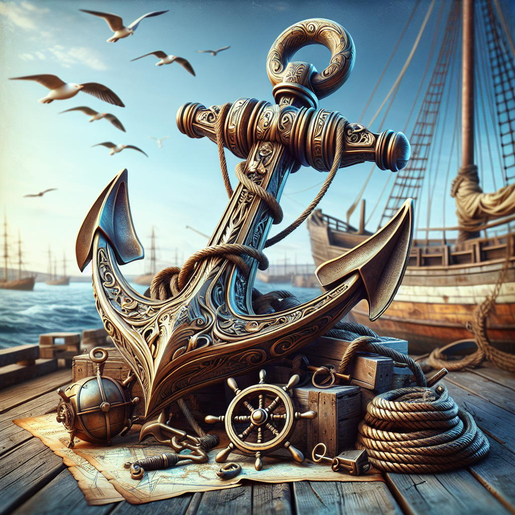 Ornate Brass Anchor on Ship's Dock Digital Print