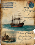 Vintage Tall Ship & Harbor Postcard Digital Print