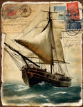 Vintage Tall Ship Postcard with Stamps Digital Print